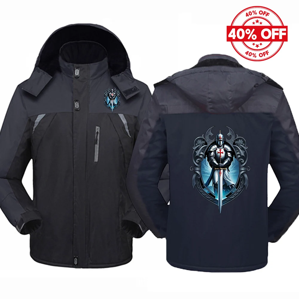 Mens Thick Hooded Jacket Autumn Winter Knights Templar Pattern
