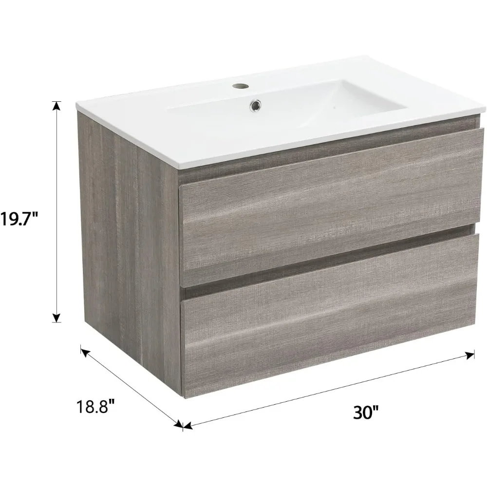 Bathroom Organizers, 30" Bathroom Vanity Wall Mounted Grey Floating Vanity Two Drawers Storage Cabinet With Ceramic Integrated S 2