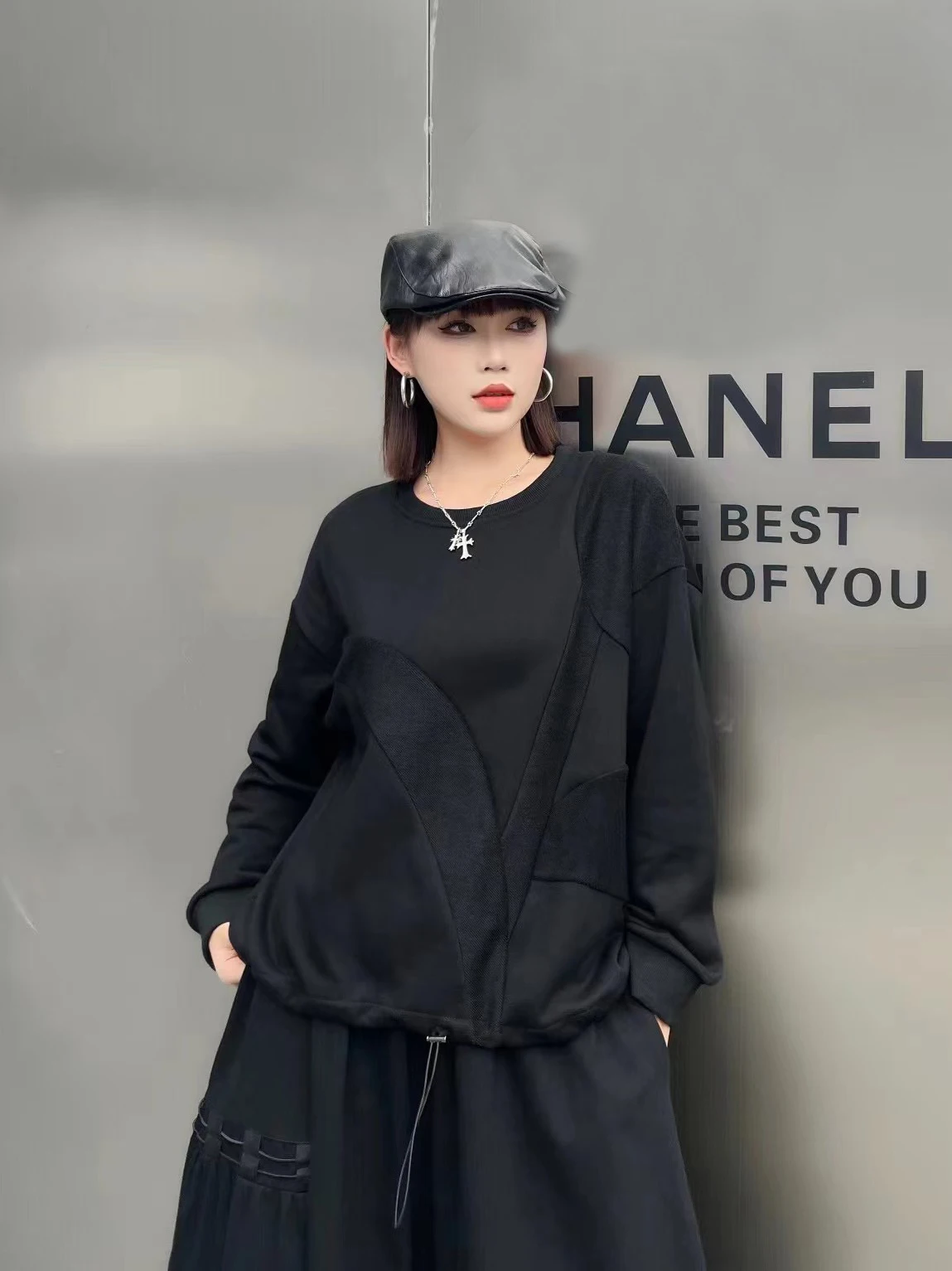

230915 Shirring Pullover O-neck Sweatshirt Solid Color Patchwork Long Sleeve Loose Tops 2023 Autumn Casual All Match New