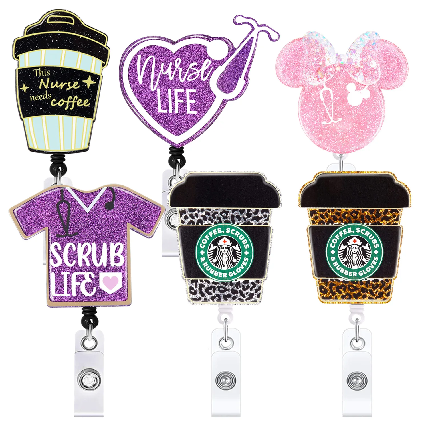 New Arrival 1 Piece Glitter Retractable Nurse Coffee Retractable Badge Reel  Fasshion Stethoscope Leopard Bottle ID Card Holder - AliExpress