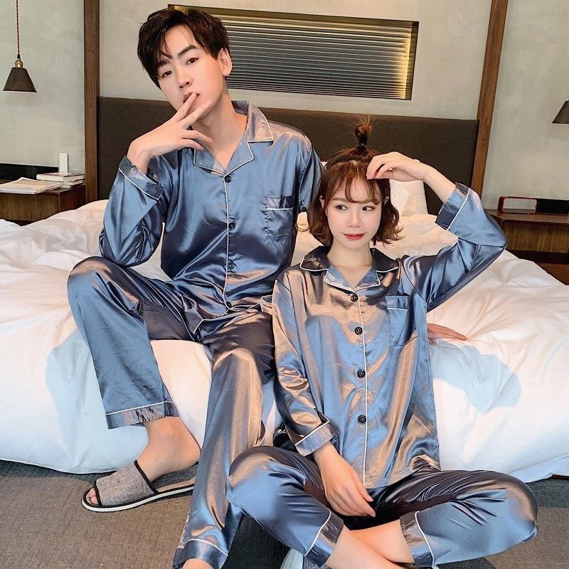 Masculino Pijamas De Satin Sleepwear Couple Silk Satin Solid Color