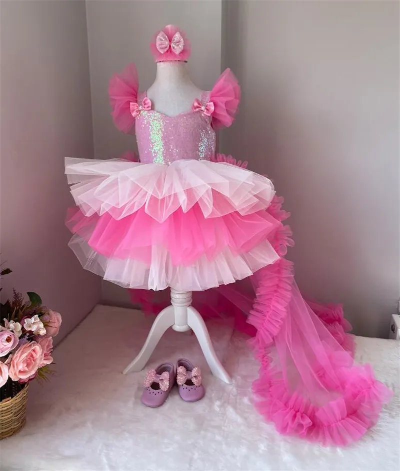 Fluffy Baby Girl Dress with Long Detachable Train Little Princess Hot Pink Birthday Gown Flower Girl Dress Child 12M-14T