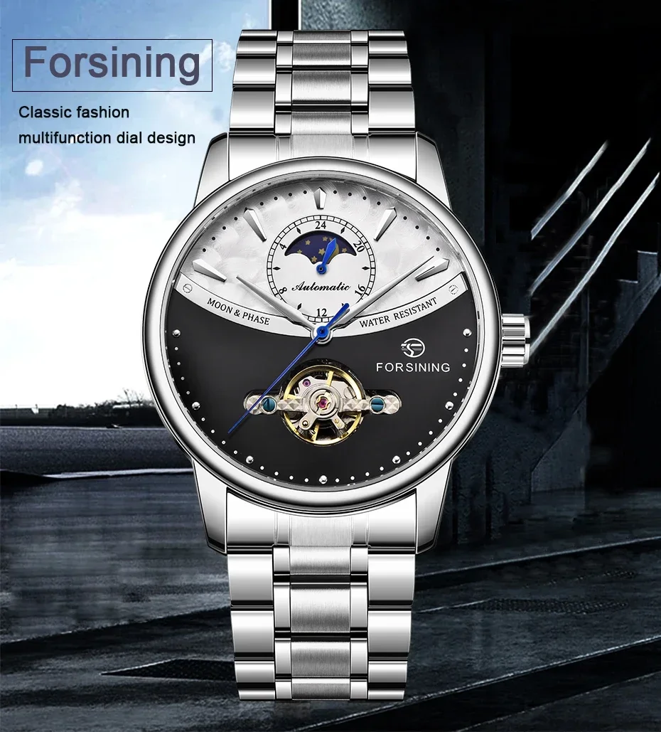FORSINING Business Herren Automatikuhr Uhr Mondphase Tourbillon Wasserdicht Mechanische Stahlband Armbanduhr Relogio_voghion.com