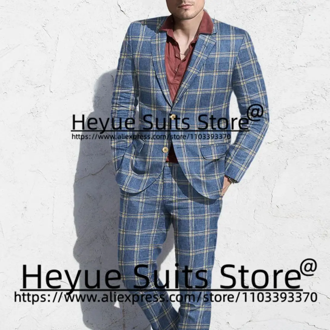 Handsome Sky Blue Plaid Prom Men Suits Slim Fit Notched Lapel Groom Formal Tuxedos Prom 2 Pieces Sets traje de hombre elegante