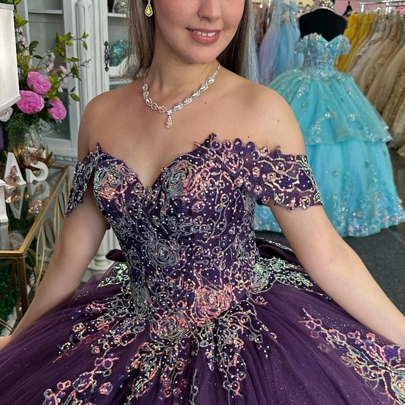 Purple Shiny Sweetheart Quinceanera Dresses Off the Shoulder Ball Gown Appliques Lace Flower Crystal Vestidos De 15 A&ntilde;os