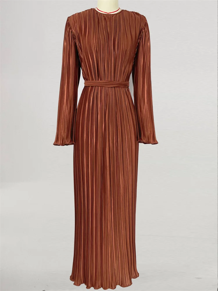 Vestido largo acanalado con volantes y cordones para mujer, manga larga, cintura alta, elegante, para fiesta, otoño, estilo vendaje