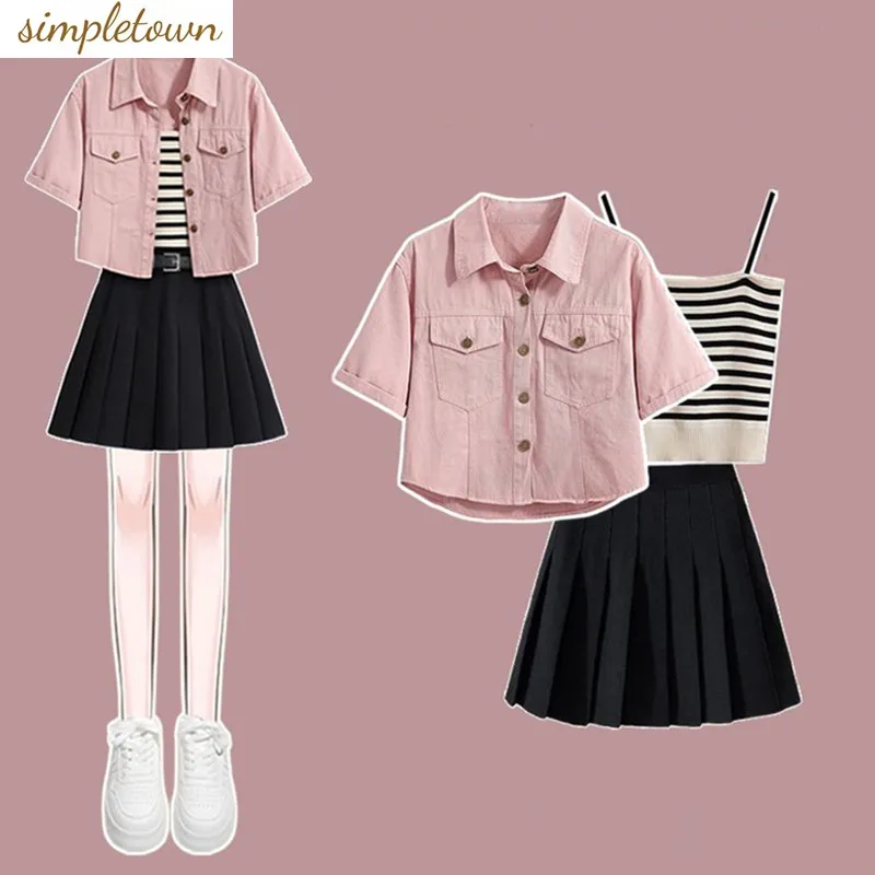 women s clothes spring autumn small fragrant wind single outfits 2023 new age reducing sweater slim halfskirt three piece set Spring/Summer Set Women's 2023 New Academy Style Short Denim Shirt Striped Slim Halfskirt Three Piece Set