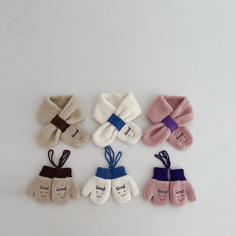 Lamb Fleece Children Gloves Winter Warm Baby Plush Mittens 1-4year Boy Girl Kids Hanging Neck Fingerless Gloves Cartoon Glove winter gloves baby mittens