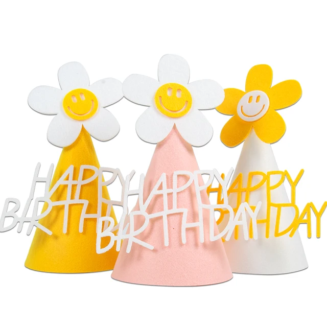 Ins Enfants Fleur Jaune Chapeau d'anniversaire Petite Marguerite Chapeau de  fête Baby Shower Couvre-chef Blanc Joyeux anniversaire Sourire Bandeau