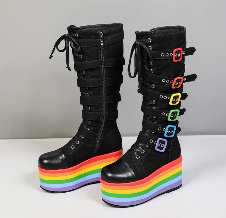 

Punk Style Color Thick-Soled High-Heeled Boots Breathable Cowhide Lace-Up Zipper Locomotive Boots Large Size Sexy Women's Boots