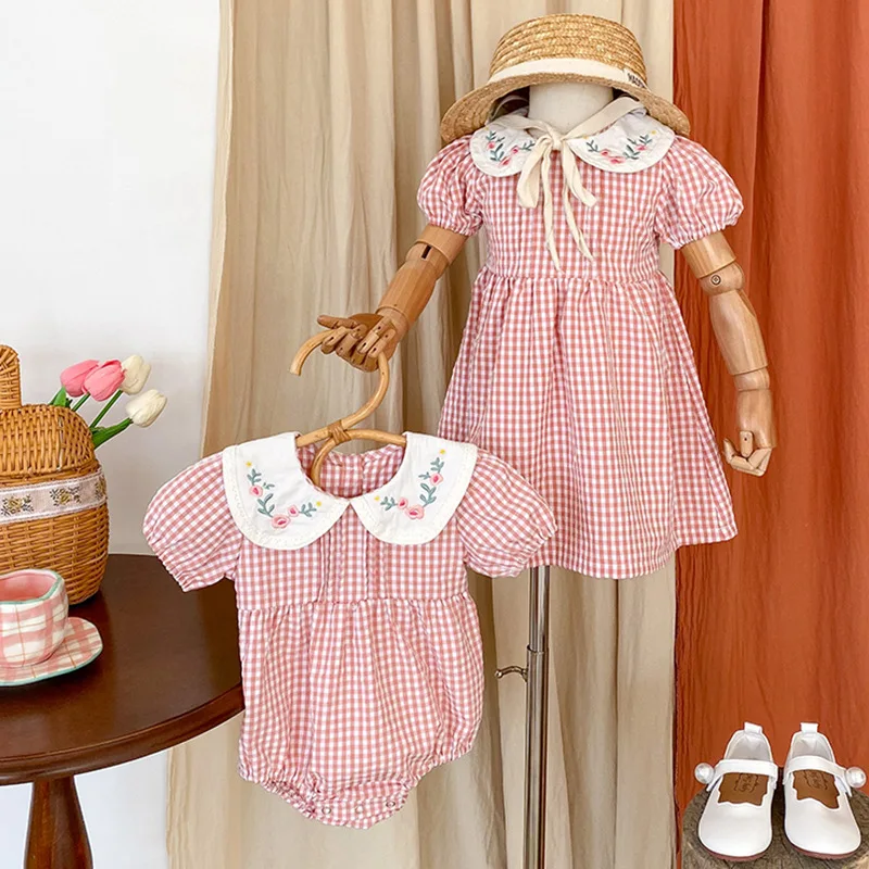 

Summer Newborn Baby Girl Romper Checkered Peter Pan Neck Embroidered Kids Girl Dress Cotton Short Sleeve Infant Girls Outfits
