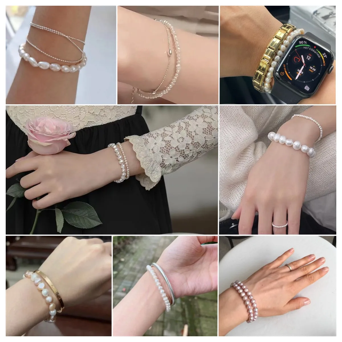 PEARLS & COLORS Bracciale con Perle di Coltura d'Acqua Dolce Semi-barocche 7-8 mm Qualita AAA+ in Argento 925