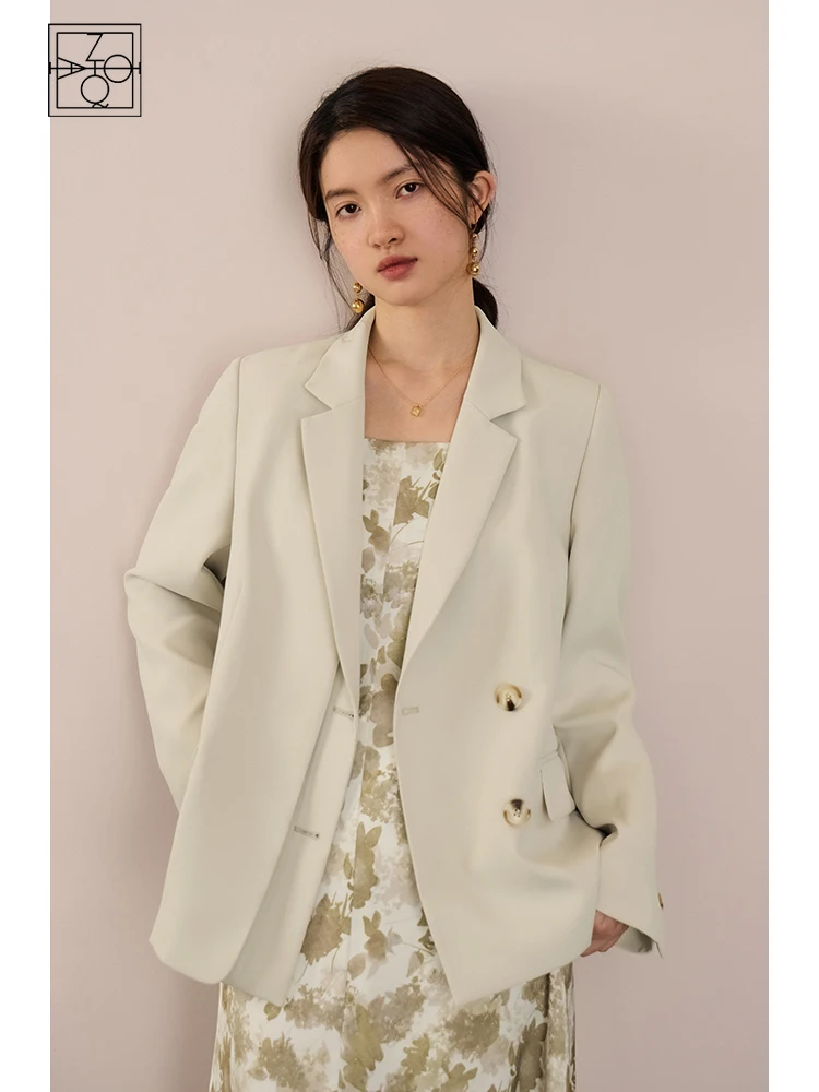 ZIQIAO Beige Grey Temperament Women Notched Collar Suits Double-fly Office Lady Single-breasted Blazer Polyester Women Coat