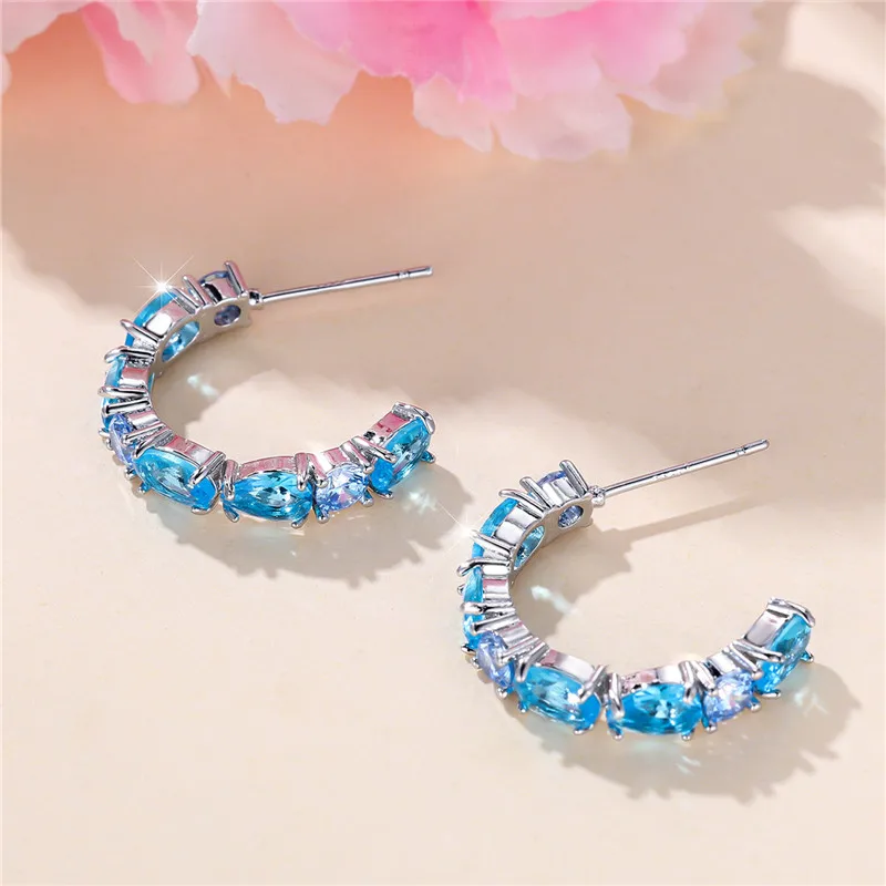 Luxury Female Blue Stone Stud Earrings Silver Color Zircon Wedding Jewelry For Women