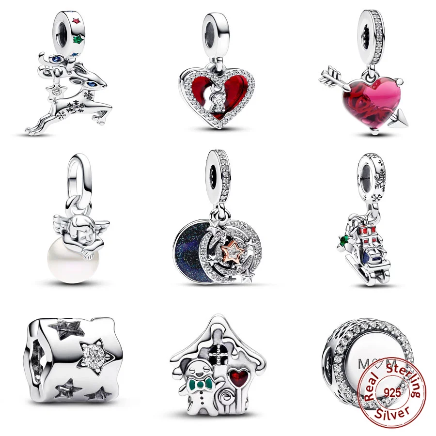 

New 925 Sterling Silver Winter Christmas Style Heart Dangle Charm Fit Pandora Bracelet Starry Sky Charm DIY Jewelry