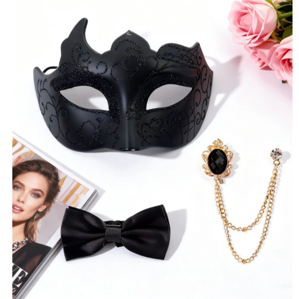 Halbgesichts bemalte Partymaske Atemberaubende Partymaske Fliege Set Gentleman Maskerade Kostüm Dekoratives Maskerade-Masken-Set – Detail 3