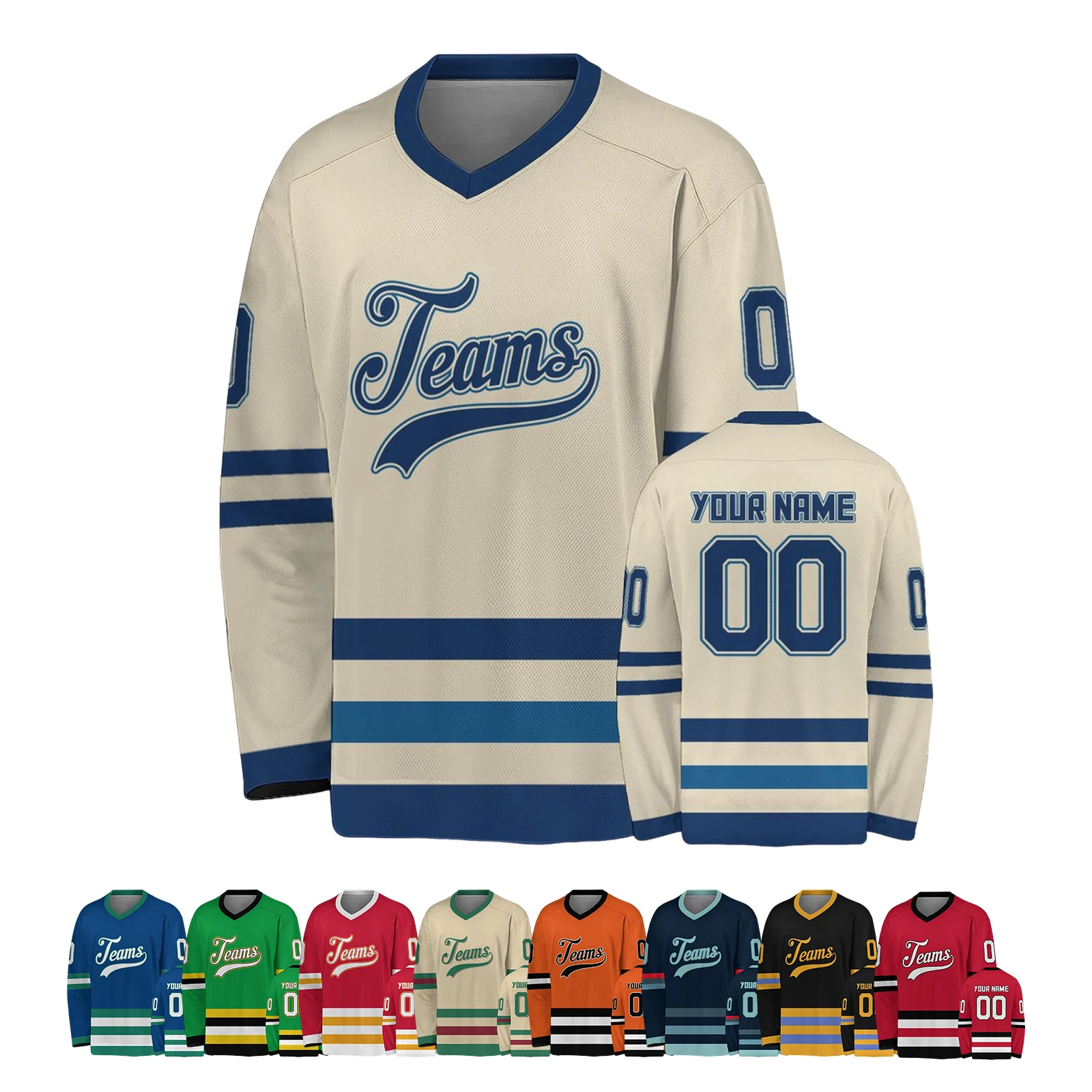 Personalized Cream Navy V-Neck Hockey Jersey - Custom Team Name & Number Sports Uniform for All Ages