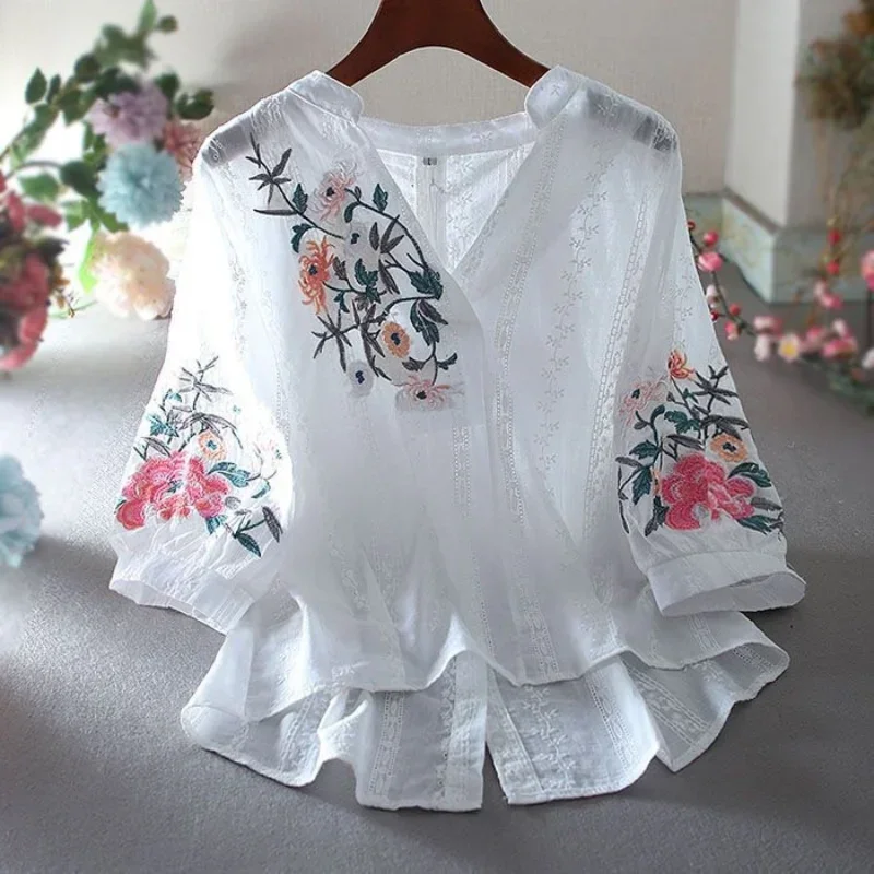 POL Floral Embroidered Half Sleeve Cotton Shirt