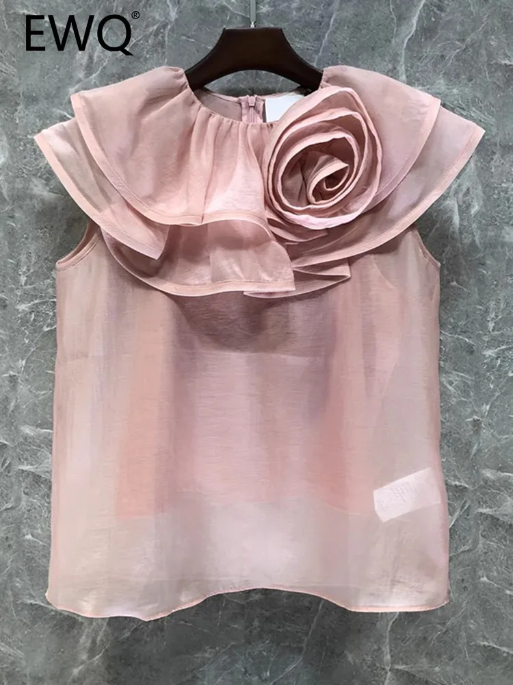 EWQ 여성용 다용도 자외선 차단 블라우스, 러플, 3D 플로럴 스플라이스, 단색 상의, 패션 2024, 신상 의류, 27C411, 여름 
