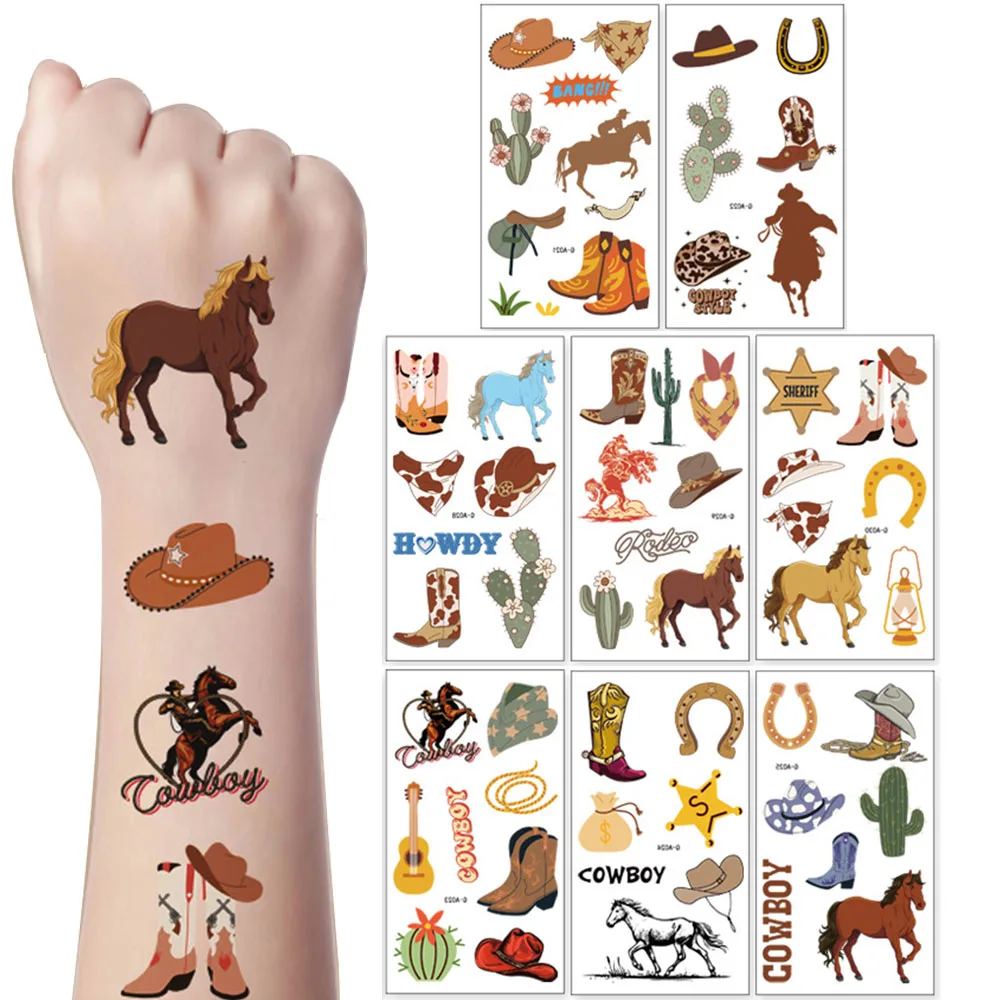 SHESRA Kids Temporary Tattoos - Western Cowboy Cartoon, 12 Sheets, Waterproof, Party Favors