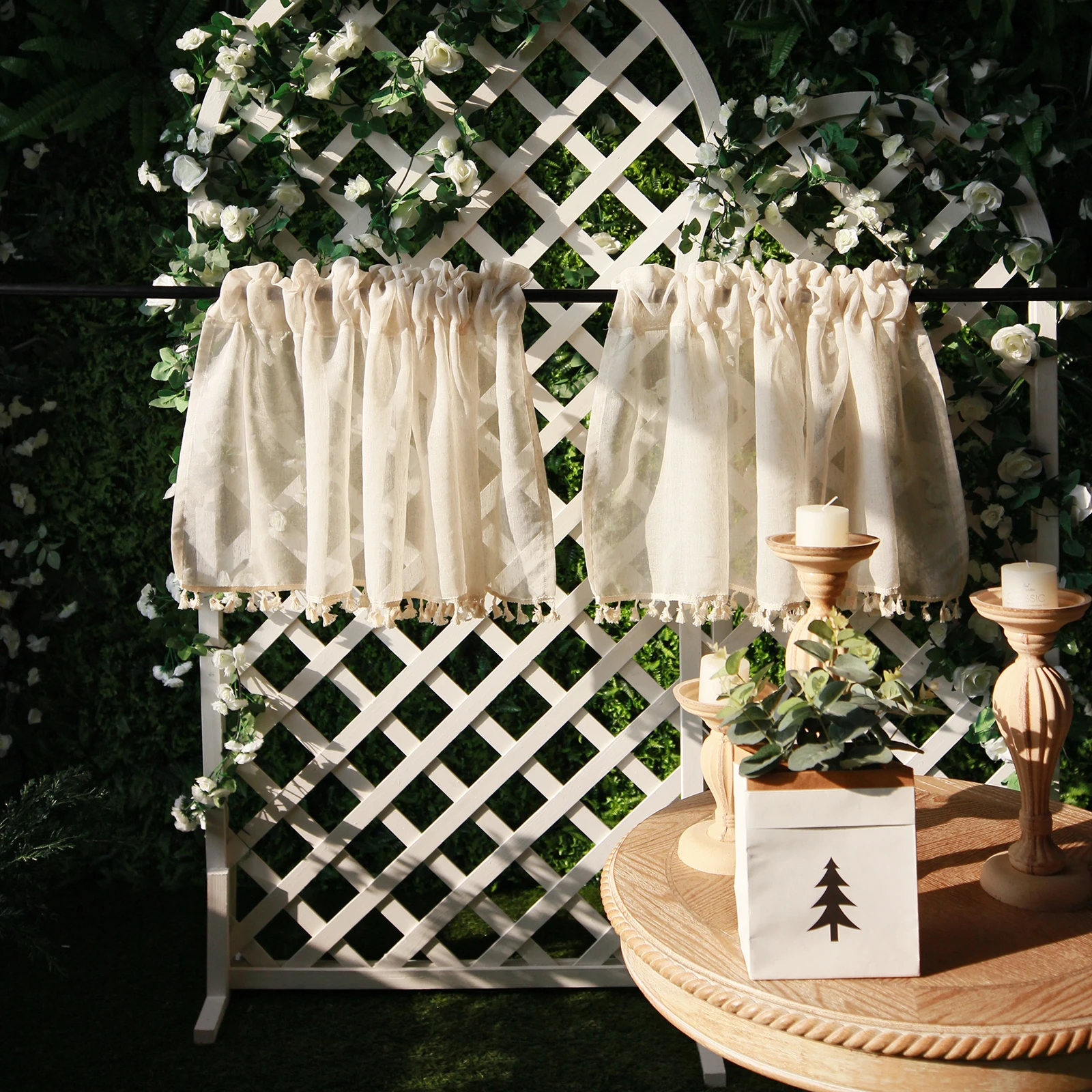 Description Picture 4 of itemVintage Linen Window Drapes Tassels Sheer Cream Beige Tier Curtains Cafe Kitchen Net Short Curtains Panels Rod Pocket Valance