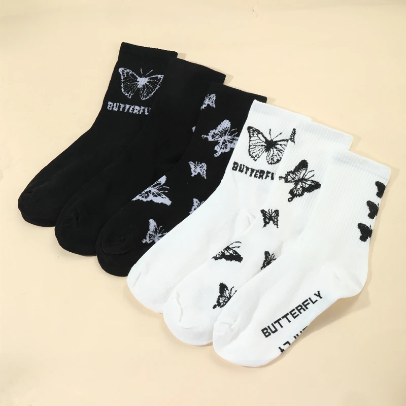 

6 Pairs/Lot Women's Butterfly Pattern Fashion Crew Socks Combed Cotton Thin Breathable Soft Street Tide Socks Fit EU36-39