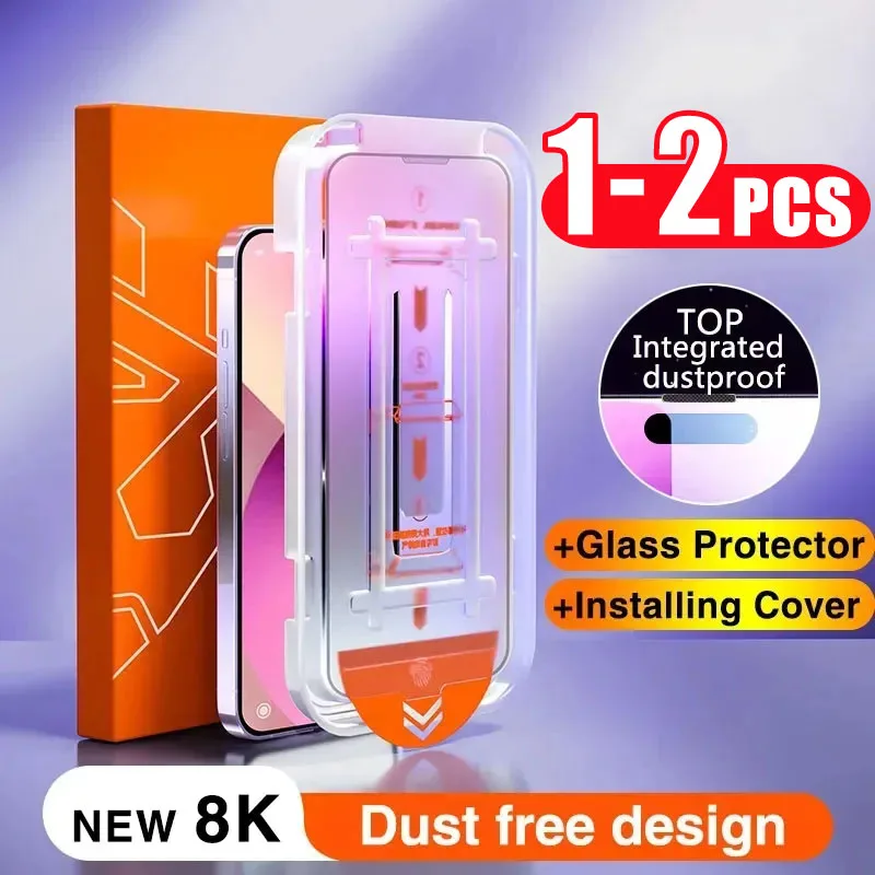 Screen Protector 1-2pcs 8K Oleophobic Coating Dust free Installation Screen Protector For iPhone 13 11 12 14 Pro Max Mini X XR 15 Anti Spy Glass