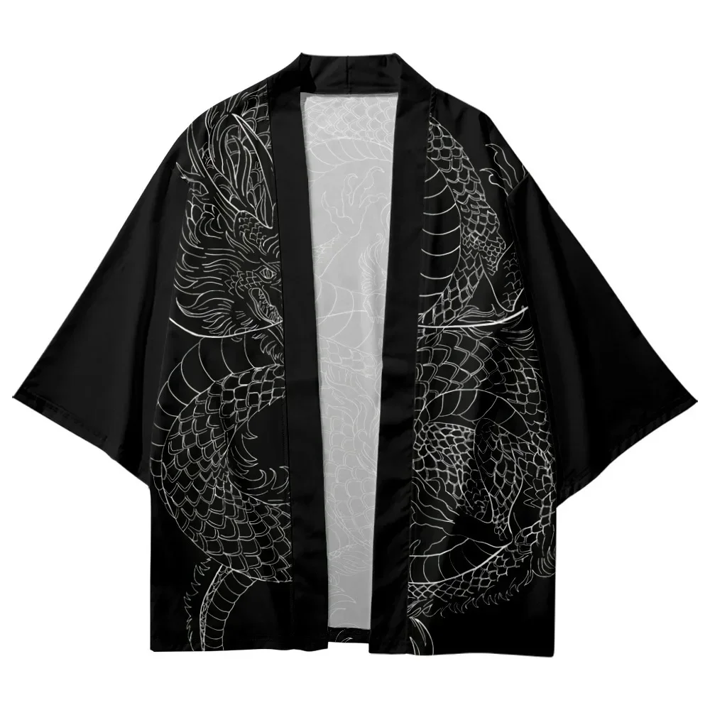 Japanese Style Dragon Print Traditional Kimono Men Yukata Cardigan Shirts Cosplay Haori Oversized Streetwear Tops
