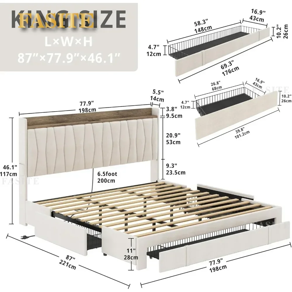 King Size Bed Frame With Storage Headboard And Charging Station, With 3 Drawers, No Box Spring Needed, Bed Frame Queen Size
