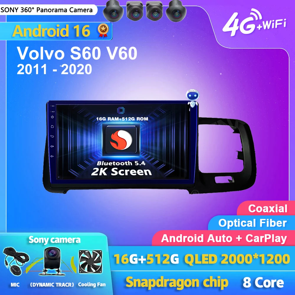 Radio Multimedia para Auto con Pantalla 2K y Android 16 Carplay para Volvo S60 V60 2011-2020, Autoradio 2DIN, Unidad Principal Estéreo 1