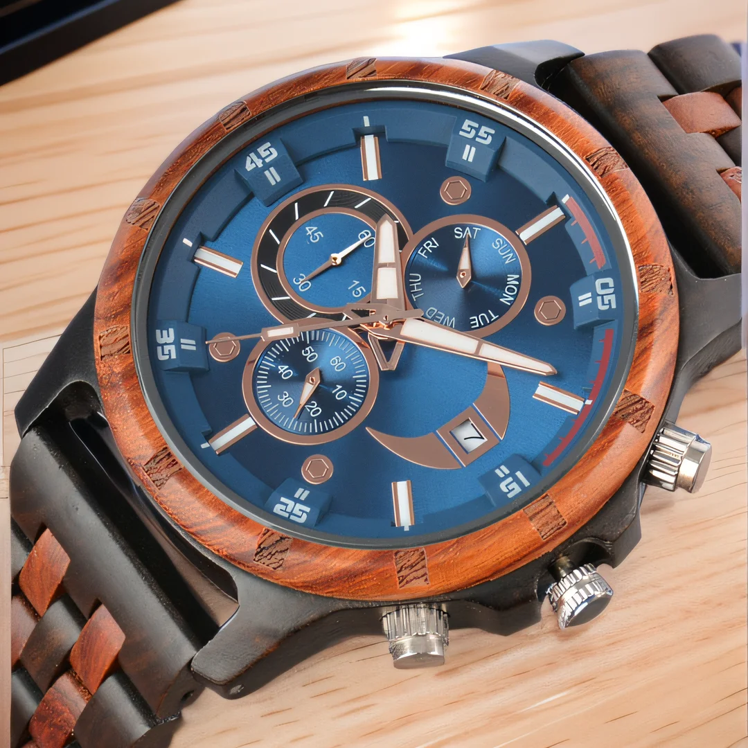 Wooden Wrist Watches For Men Fashion Quartz Wristwatches With Clock Date Week Timepieces Wood Wach Box for Him reloj hombre 2