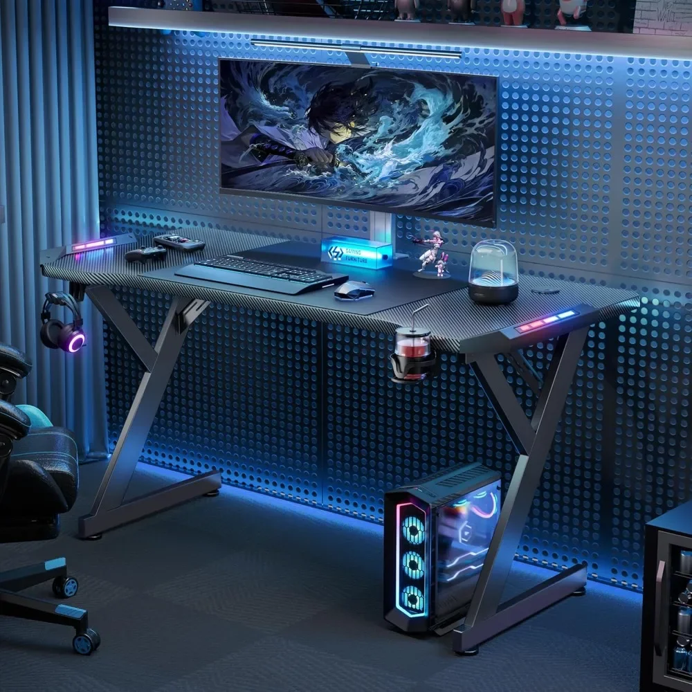 40 INCH Gaming Desk with LED Lights, Home Office Gamer Desk, Ergonomic Computer Table with Large Carbon Fiber Desktop 2