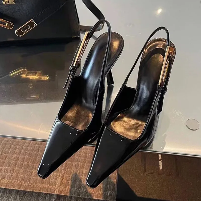 

Black Pointed HigH Slim Heels, 2024 Autumn New Style, StyliSh Wrapped SandalS, Small Square Toe Patent Leather Single ShoeS,