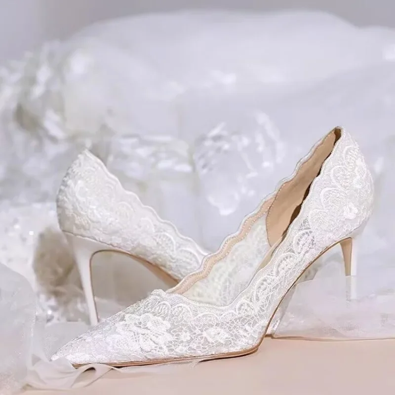Women's Large Size High Heels Thin Heels Pointed Toe Lace High Heels Dress Banquet Mature New Spring Sexy Zapatillas De Mujer 2