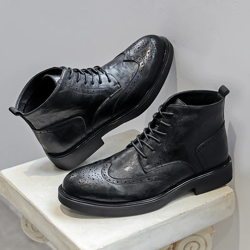 

British style mens leisure party banquet dress original leather boots black brown carving brogue shoes cowboy boot ankle botas