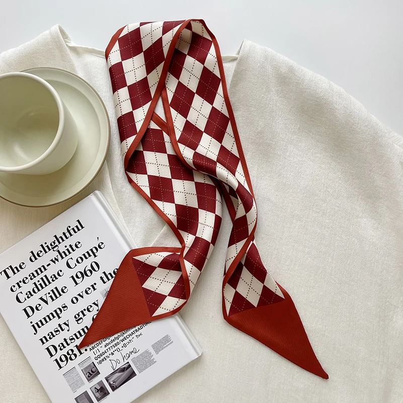 Luna&Dolphin Women Spring Skinny Long Scarf Red Geometry Letter Checkerboard Print Chiffon Silk Tie Bag Ribbon Headband Choker 3