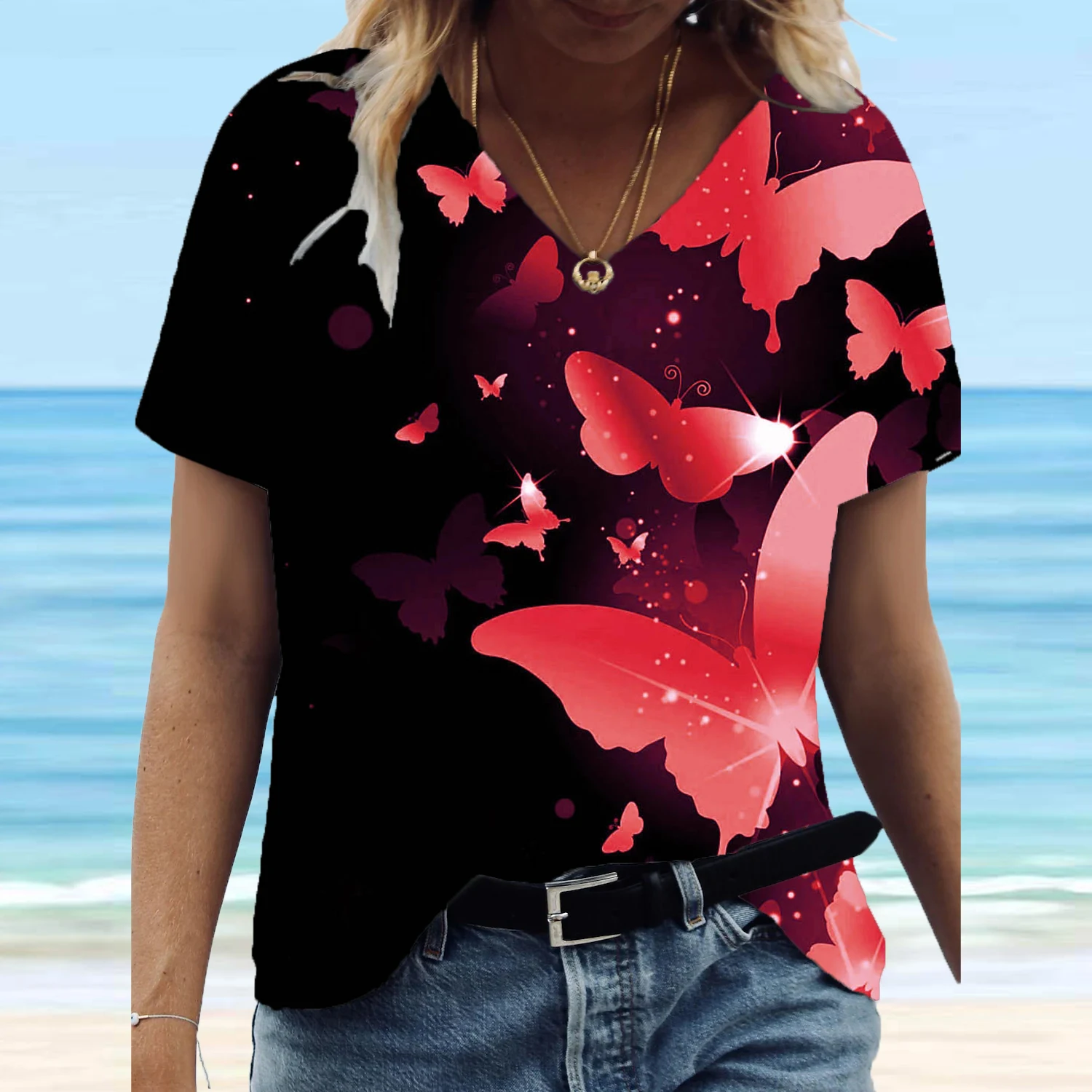 

Women Summer Butterfly Print T-shirt Female Casual V Neck Tops Short Sleeve Plus Size Shirt Ladies Fashion Pullover Vintage Tee