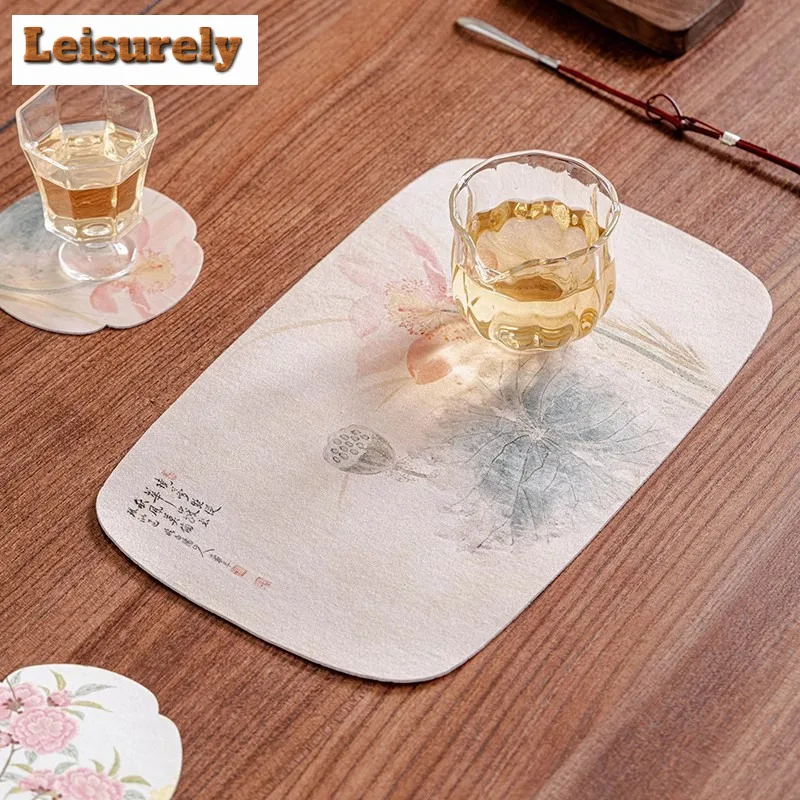 Chinese Floral Waterproof Rectangular Tea Table Mats Vintage Drink Coaster Dinner Table Cloth Mat Tea Ceremony Supplies Craft