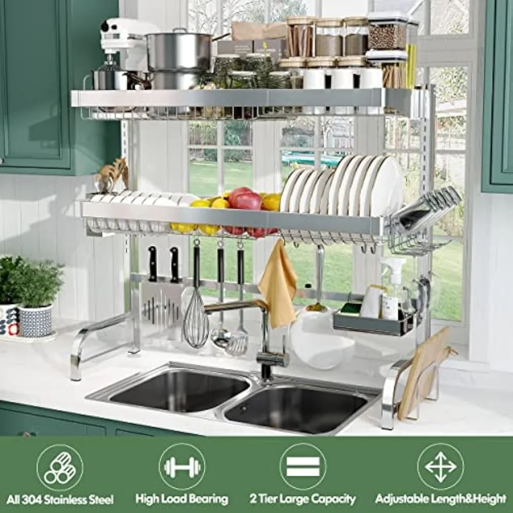  BOOSINY Over The Sink Dish Drying Rack, 2 Tier Stainless Steel  Large Adjustable Kitchen Dish Drainer, Home Storage Organizer Shelf Above  Counter with 6 Hooks