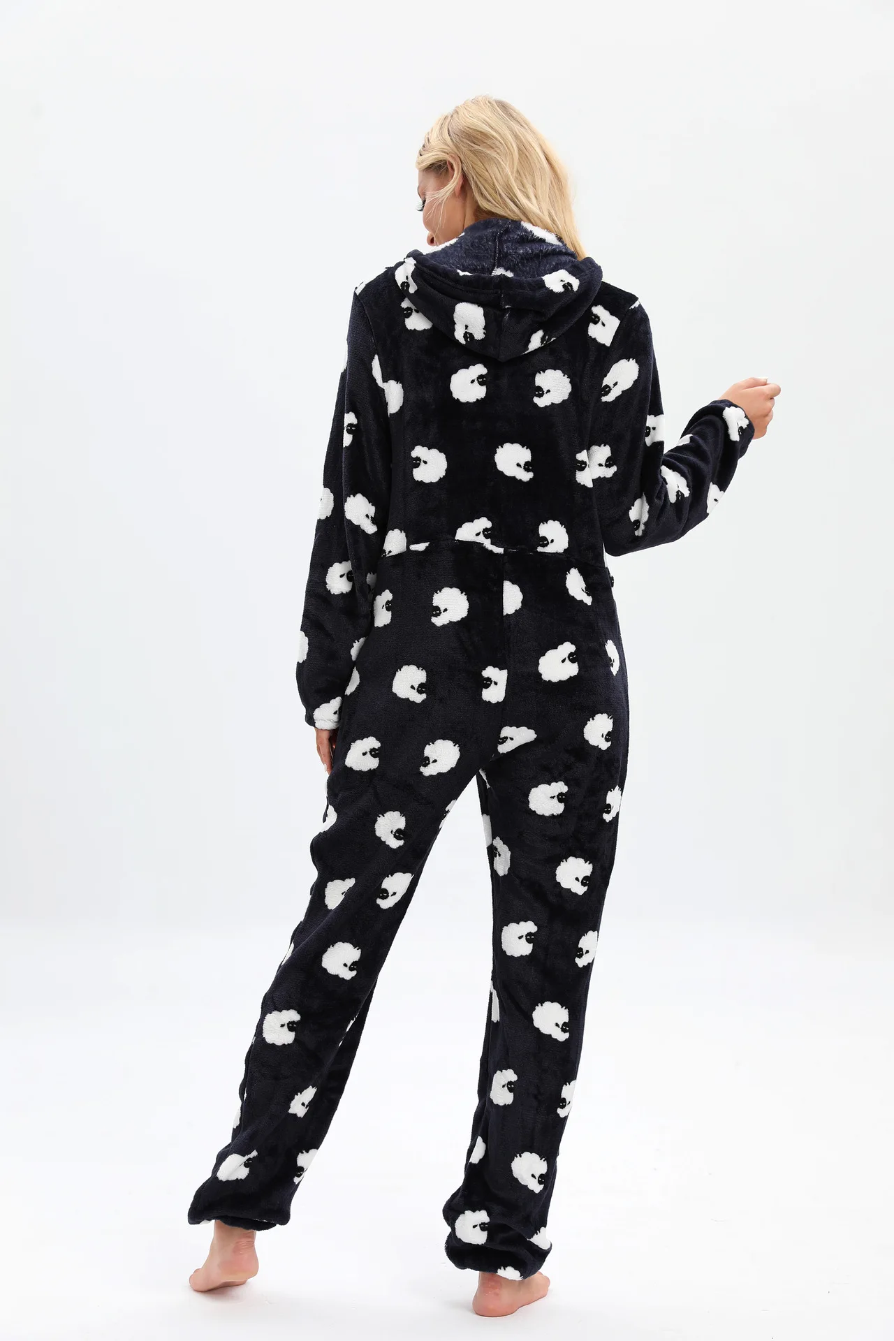 Women Flannel Black Sheep Print Onesie Long Sleeve Hooded Pajamas Costumes Zipper Jumpsuits