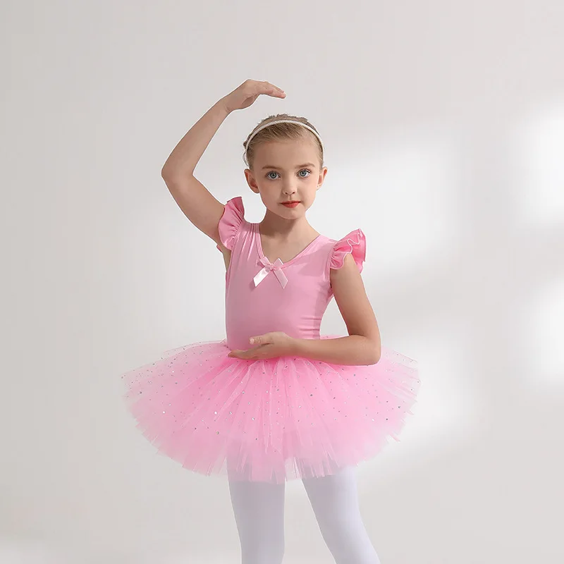 Balletto vestito ginnastica body per ragazze bambini manica a sbuffo balletto Dancewear Chiffon Tutu gonne bambini Bowknot danza body