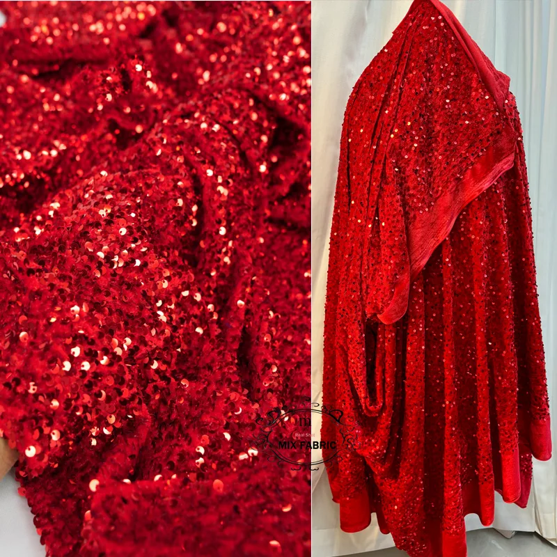 Vibrant Orange Pink Stretch Velvet Sequin Fabric for Apparel and Decor Projects