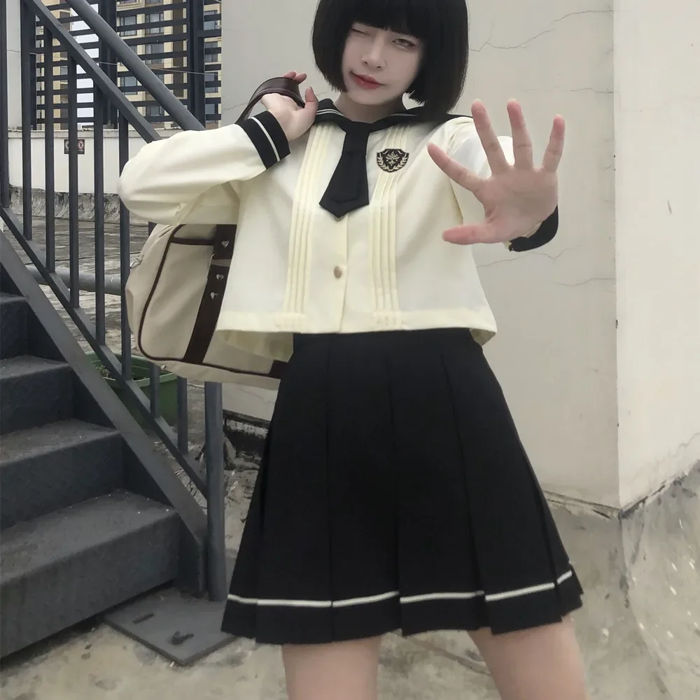 

Korean Gyaru School Uniform Middle High Student Sailor Collar Shirt JK Set Japanese College Style Pleated Skirt Girl Schoolgirl
