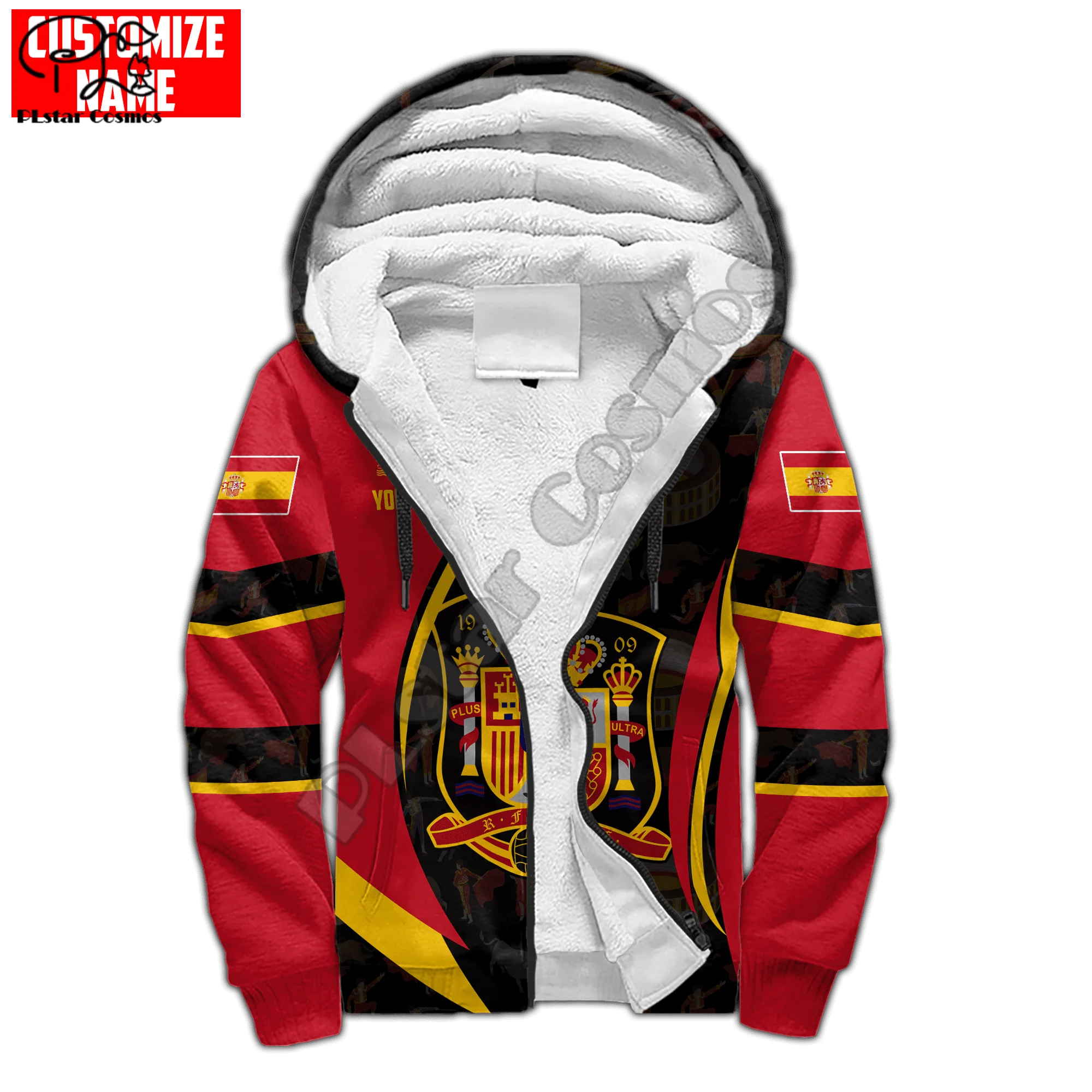 PLstar Cosmos Spain National Emblem 3D Printed Winter Clothing Casual Warm Hood Thick Coat Zipper Man Fleece Hoodies Jacket S24