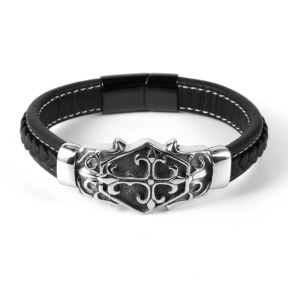 Nabest Vintage Brown Black Genuine Leather Bracelet for Men Cross Bracelets Silver Stainless Steel Charm Magnetic Buckle Bangles