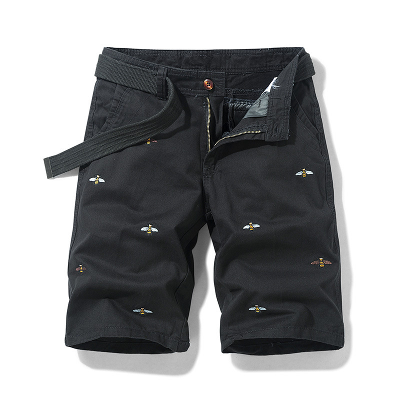 Men's Casual Retro Embroidered Patterned Loose Fit Versatile Workwear Shorts Five-Quarter Length Cotton Summer Fashion
