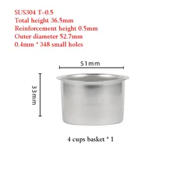 Stainless Steel Bottomless Coffee Portafilter with Basket, 51mm, 2-Ear Design (4 cup basket)