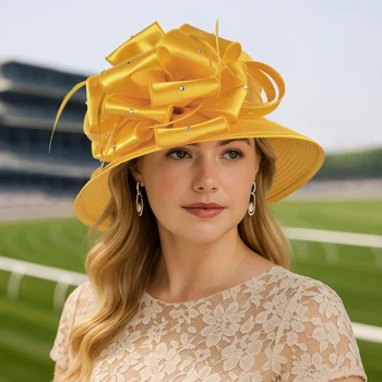 Elegant Church Hat for Women Wide Brim Kentucky Derby Gold Fascinator Hat with Bow & Rhinestones for Wedding, Tea Party 1