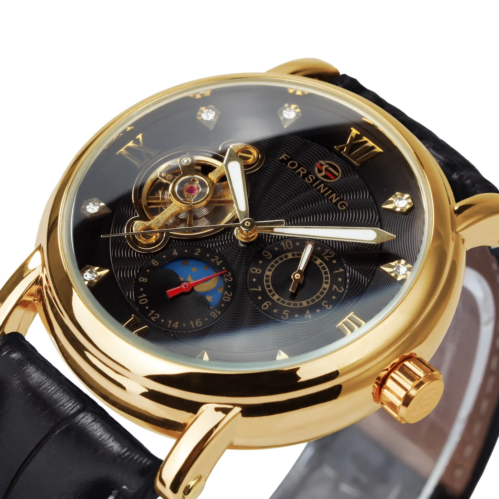 

Forsining Fashion Diamond Tourbillon Mens Watches Top Brand Luxury Moon Phase Men Watch Leather Strap Luminous Pointers Clock