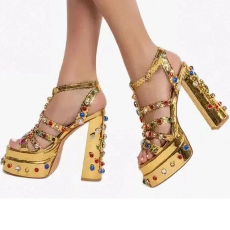 

Golden Metallic Leather Chunky Sandals Multi Jewel Gemstone Platform Strappy Sandals Open Toe Hollow T Strap Summer Shoes